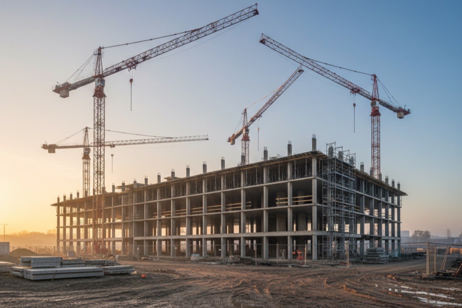 Große Gewerbebaustelle mit mehreren Turmdrehkränen und einem Rohbau in Skelettbauweise im Morgenlicht