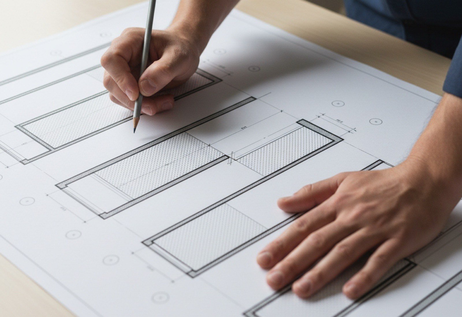 Hände über großformatige bauliche Detailzeichnungen mit Bauteilschnitten auf einem Plantisch